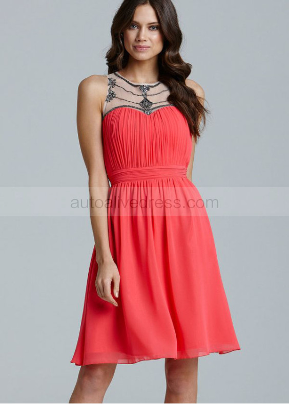 Coral Chiffon Jewel Neckline Short Prom Dress
